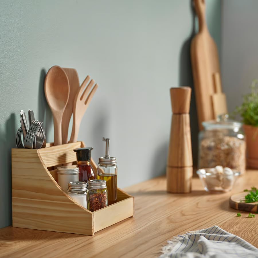 Wood Kitchen Countertop Organizer – Solid Pine Utensil Holder & Spice Rack Storage Caddy for Kitchen Counter, Pantry Organizer Box