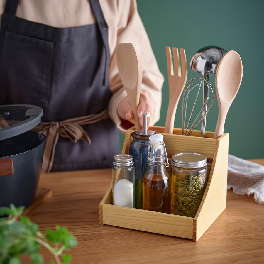 Wood Kitchen Countertop Organizer – Solid Pine Utensil Holder & Spice Rack Storage Caddy for Kitchen Counter, Pantry Organizer Box