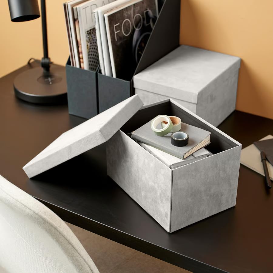 Storage Box with Lid Light Gray, Decorative Paperboard Storage Organizer 7x9.75x6 Inch, Luxury Soft Touch Storage Container for Desk, Shelf, Closet & Home Organization