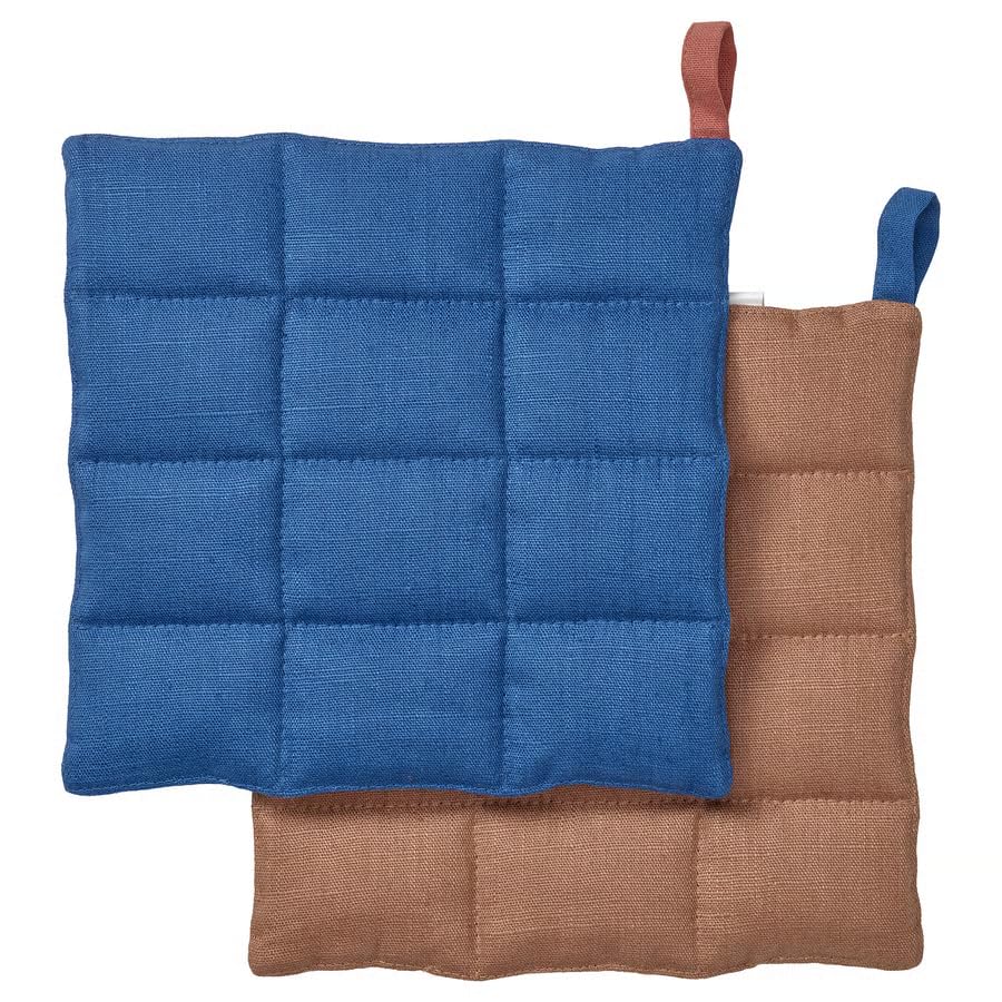 Heat Resistant Pot Holder Set 8x8 Inch – Quilted Kitchen Hot Pads for Cooking, Baking & Oven Use, Hanging Loop, Blue/Brown
