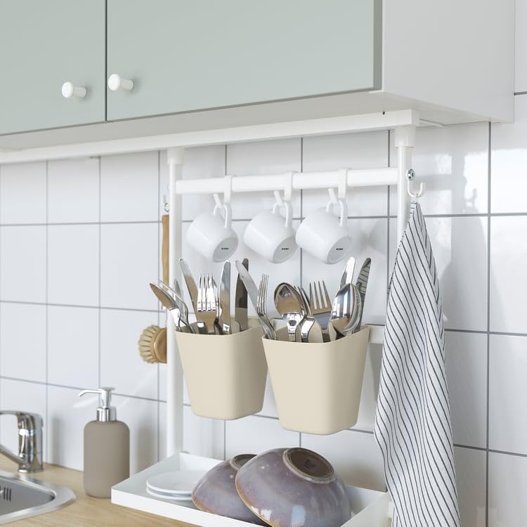 SUNNERSTA Container – Beige Plastic Storage Cup, 4.75 x 4.38 Inch Hanging Utensil Holder for Kitchen Rail, Bathroom & Home Organization