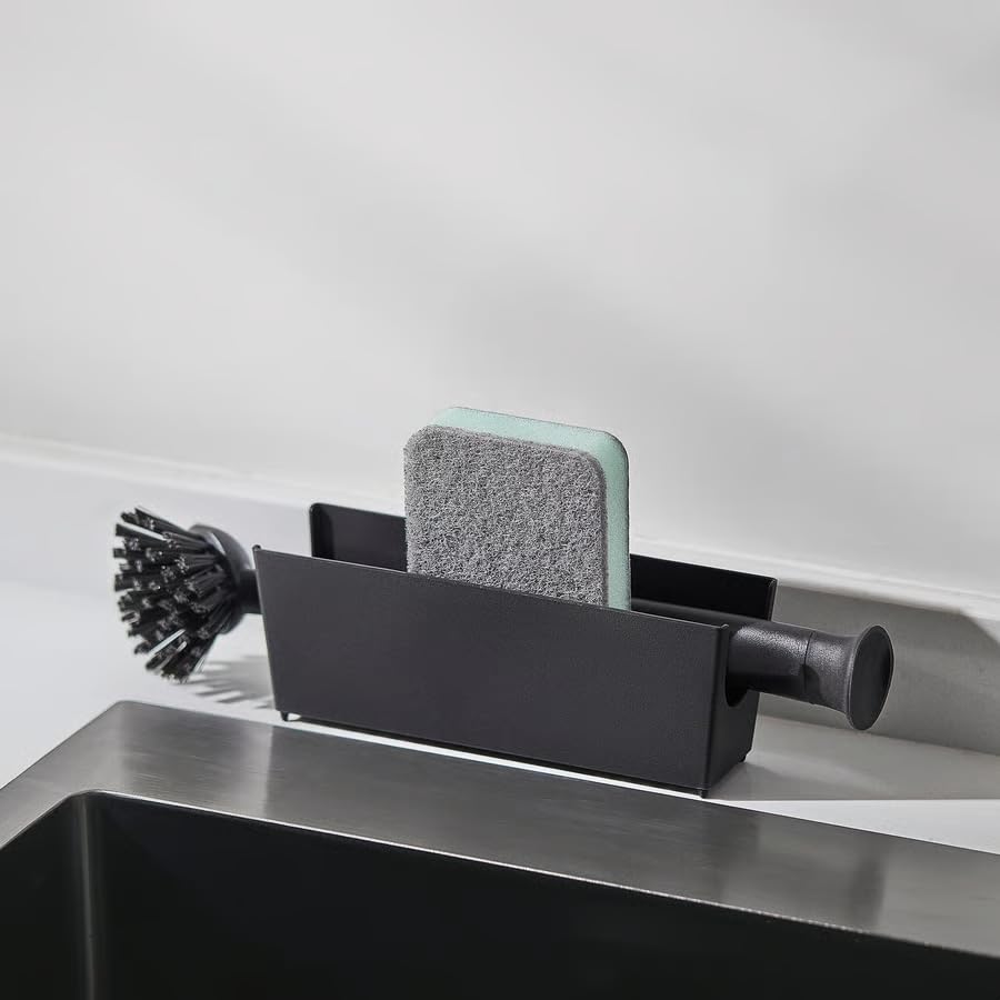 Kitchen Sink Organizer Caddy, Sponge & Dish Brush Holder, Bathroom Countertop Storage Container for Soap, Cleaning Tools & Accessories, Space-Saving Sink Storage Rack, Black