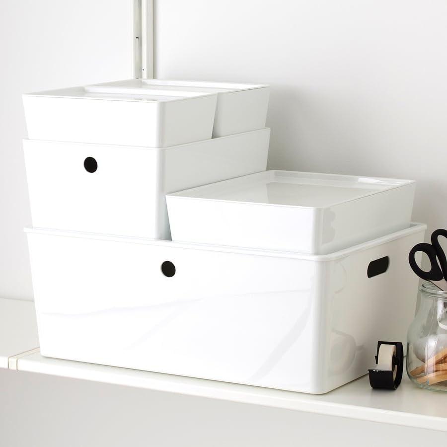 KUGGIS Storage Box with Lid White – 10 ¼x13 ¾x6 | Stackable Organizer for Papers, Magazines, Gadgets & Hobby Items | Fits BESTÅ Units | Durable Recycled Plastic