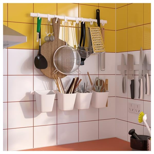 SUNNERSTA Container – White Plastic Storage Cup, 4.75 x 4.38 Inch Hanging Utensil Holder for Kitchen Rail, Bathroom & Home Organization