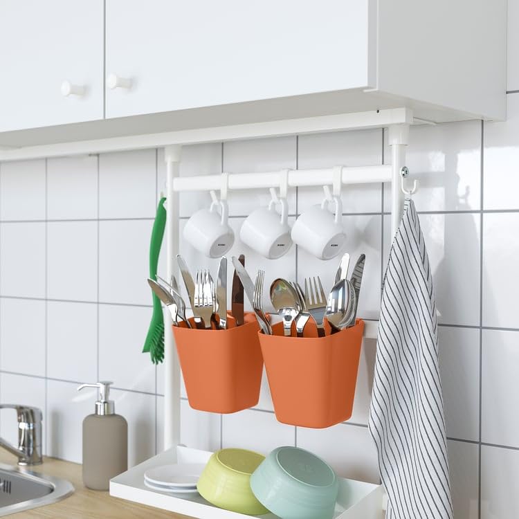 SUNNERSTA Container – Bright Orange Plastic Storage Cup, 4.75 x 4.38 Inch Hanging Utensil Holder for Kitchen Rail, Bathroom & Home Organization