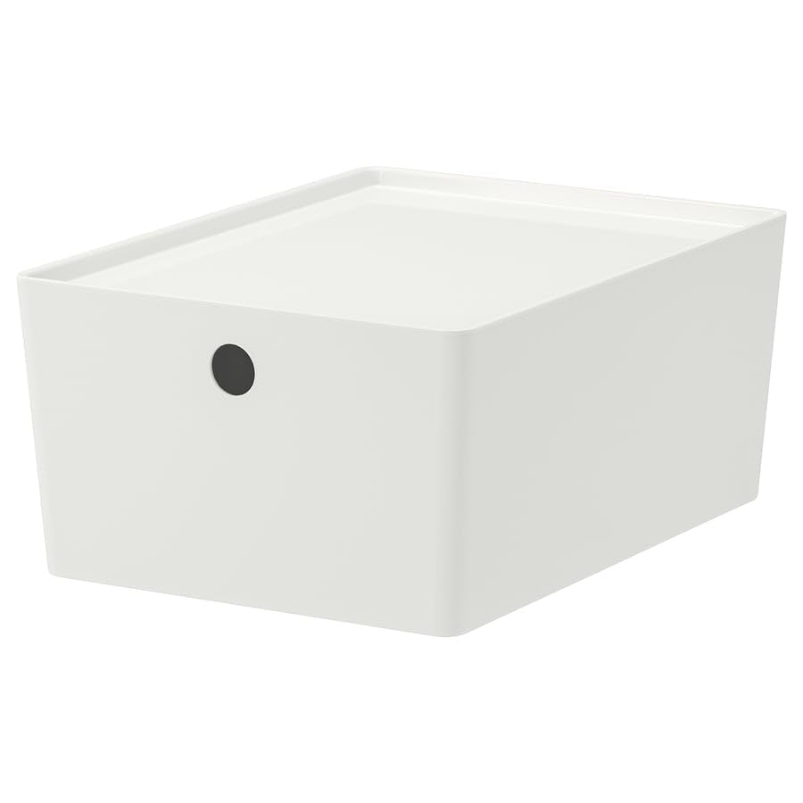 KUGGIS Storage Box with Lid White – 10 ¼x13 ¾x6 | Stackable Organizer for Papers, Magazines, Gadgets & Hobby Items | Fits BESTÅ Units | Durable Recycled Plastic