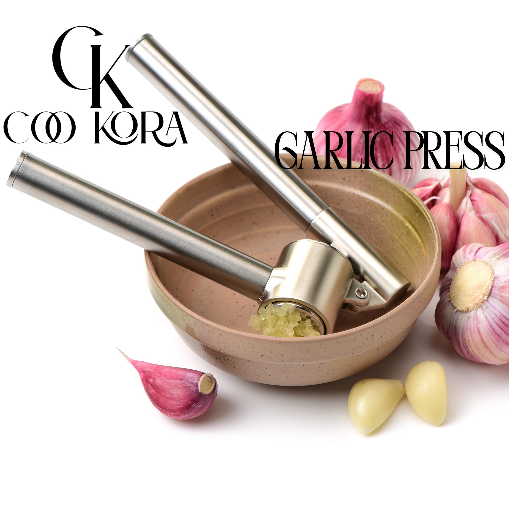 COO KORA Heavy Duty Garlic Press, Handheld Garlic Mincer, 304 Stainless Steel Garlic Press, Ergonomic, Durable, No Hand Odor, Just Put It in the Bowl, Dishwasher Safe