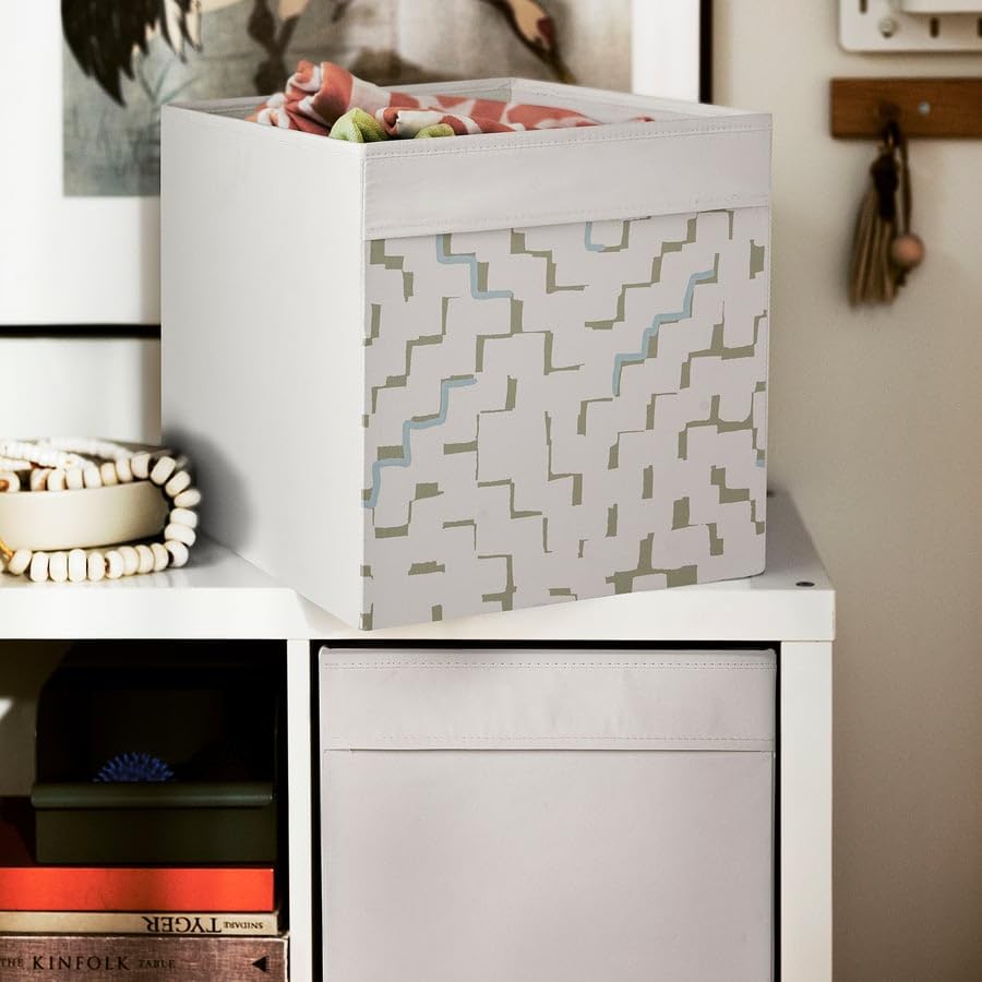 DRÖNA Beige & Turquoise Patterned Fabric Storage Box – Collapsible Cube Organizer Bin 13x15x13 for Shelving Units, Toys, Clothes, Home Storage
