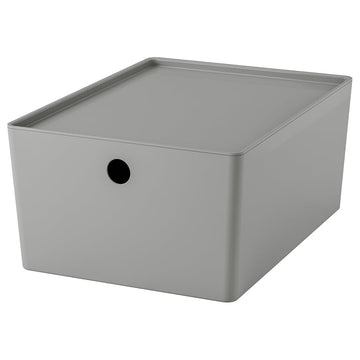 KUGGIS Storage Box with Lid – Light Gray Plastic Organizer 10 ¼x13 ¾x6 – Stackable Container for Home, Office & Shelf Storage