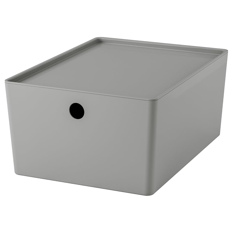 KUGGIS Storage Box with Lid – Light Gray Plastic Organizer 10 ¼x13 ¾x6 – Stackable Container for Home, Office & Shelf Storage