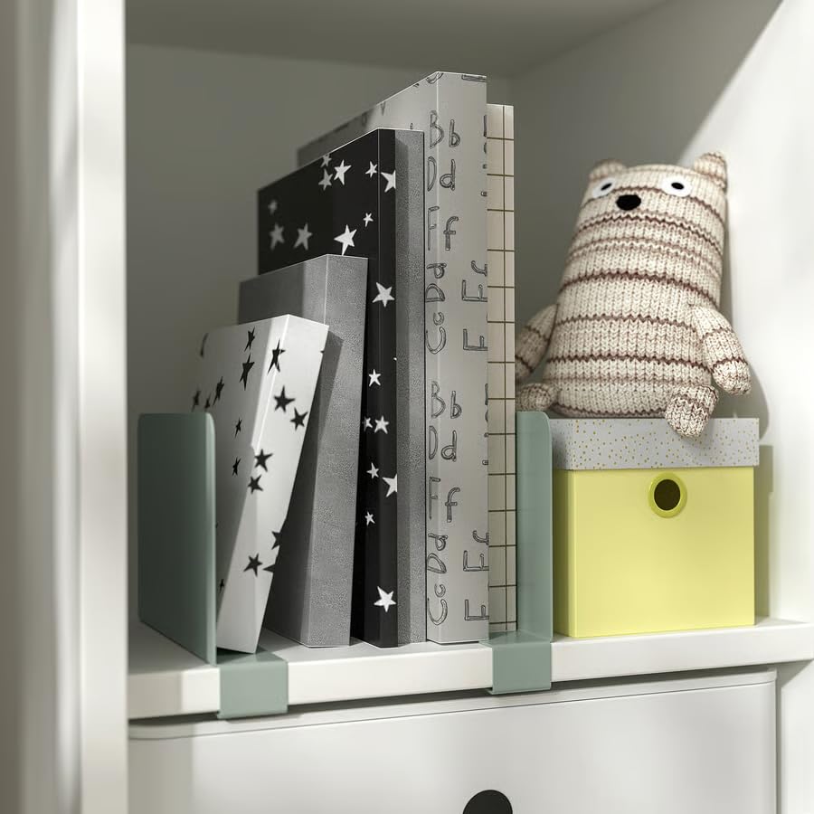 Bookends Set of 2, Light Gray Green Book Ends, Non-Slip Metal Bookends, Heavy Duty Book Holders for Shelves, Desk & Office, Decorative Book Ends for Books, Files & Magazines