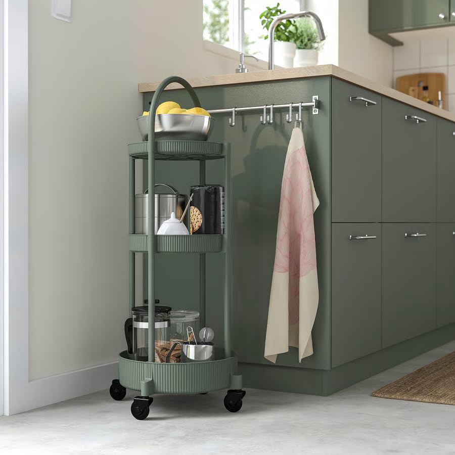 3 Tier Rolling Utility Cart with Wheels –Storage Organizer Trolley for Kitchen, Bathroom, Office & Living Room, Gray Green