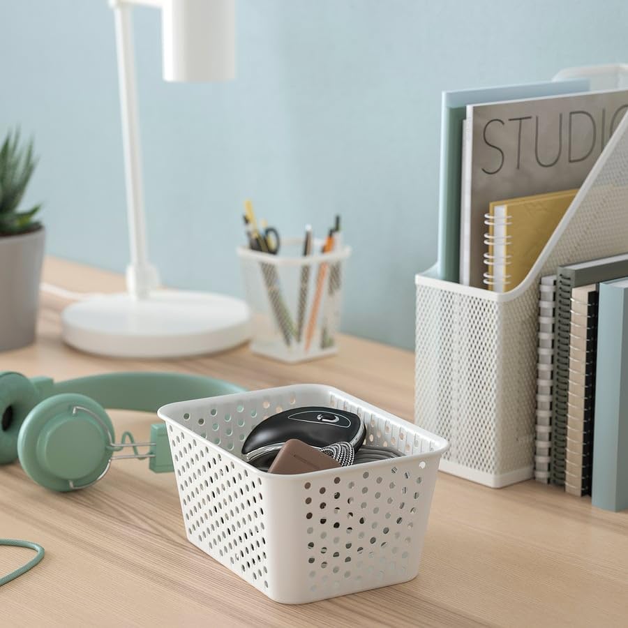 PLOGSVÄNG Storage Basket – White Plastic Organizer Bin, 6 x 7.75 x 4 Inch Container for Kitchen, Bathroom, Office & Home Organization
