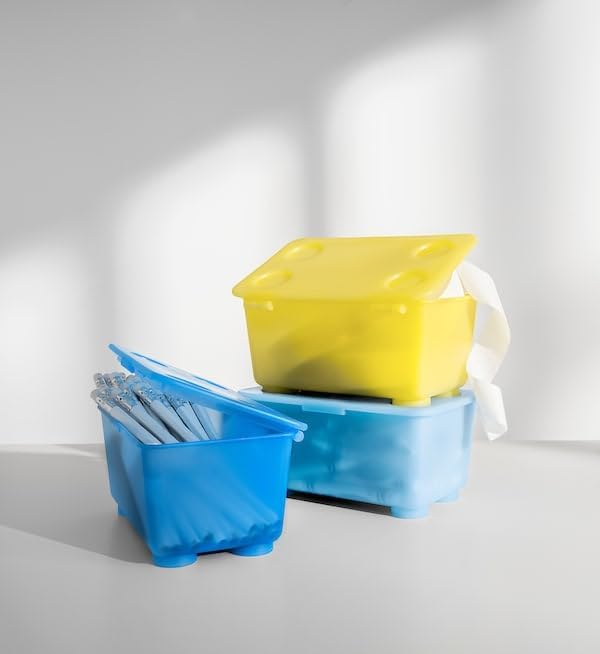 Small Plastic Storage Box with Lid – Yellow/Blue Organizer Bin, 6.75 x 4 Inches – Stackable Container for Desk, Crafts, Toys, or Office Supplies