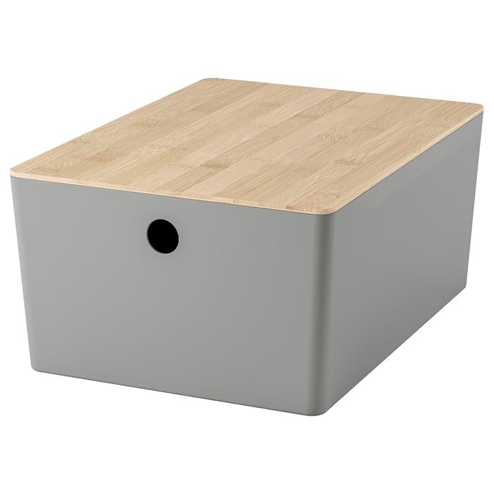 New KUGGIS Storage Box with Lid Light Gray/Bamboo – 10 ¼x13 ¾x6 | Stackable Organizer for Papers, Magazines, Gadgets & Hobby Items | Fits BESTÅ Units | Durable Recycled Plastic