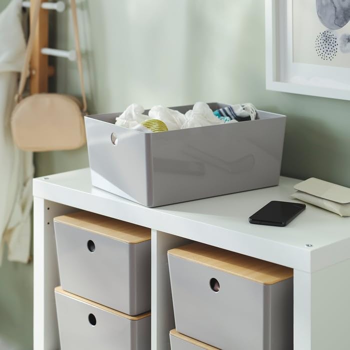 New KUGGIS Storage Box with Lid Light Gray/Bamboo – 10 ¼x13 ¾x6 | Stackable Organizer for Papers, Magazines, Gadgets & Hobby Items | Fits BESTÅ Units | Durable Recycled Plastic