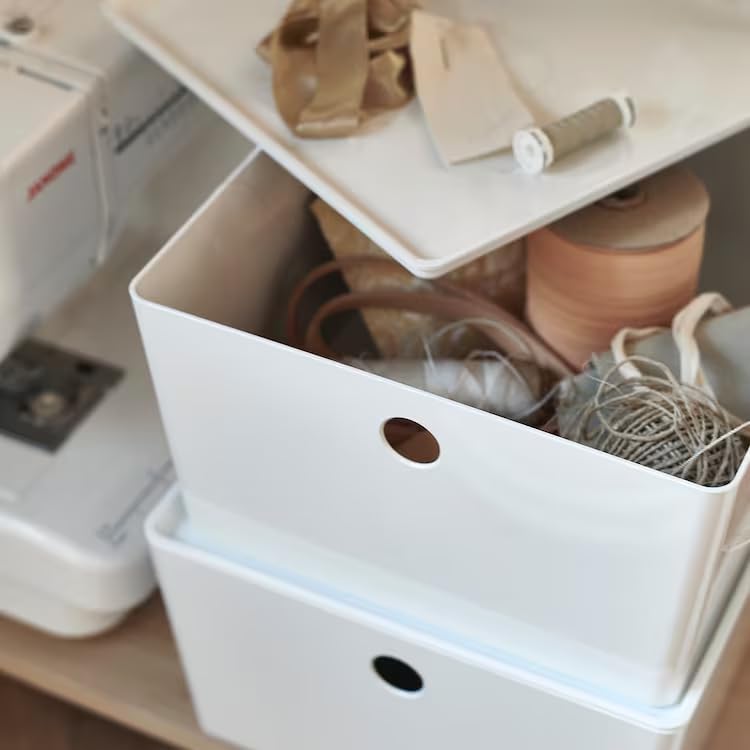 KUGGIS Storage Box with Lid – White, 10 ¼x13 ¾x6 – Stackable Plastic Organizer for Home, Office, Closet, or Shelf Storage Basket Reusable Container