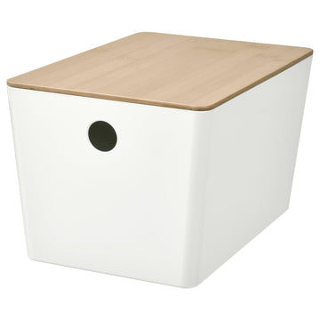 KUGGIS Storage Box with Lid White/Bamboo – 7x10 ¼x6 | Stackable Organizer for Desk Accessories, Makeup, Gadgets & Small Items | Fits BILLY Units | Durable Recycled Plastic