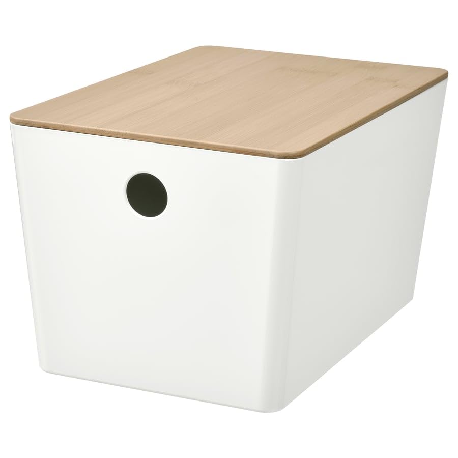 KUGGIS Storage Box with Lid White/Bamboo – 7x10 ¼x6 | Stackable Organizer for Desk Accessories, Makeup, Gadgets & Small Items | Fits BILLY Units | Durable Recycled Plastic