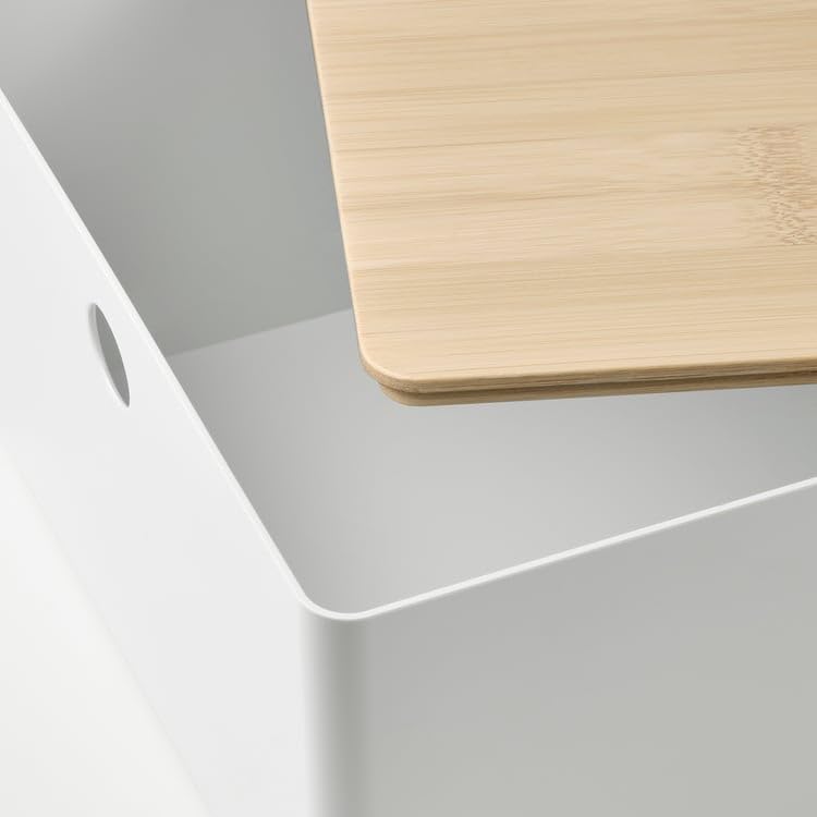 KUGGIS Storage Box with Lid White/Bamboo – 7x10 ¼x6 | Stackable Organizer for Desk Accessories, Makeup, Gadgets & Small Items | Fits BILLY Units | Durable Recycled Plastic