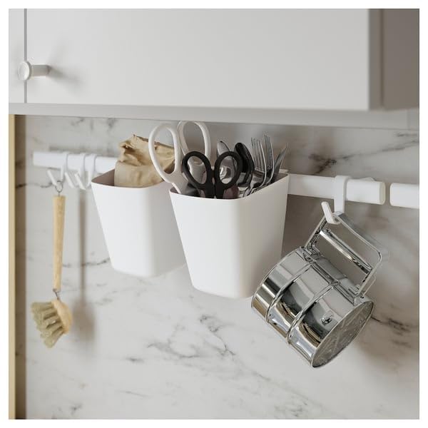 SUNNERSTA Container – White Plastic Storage Cup, 4.75 x 4.38 Inch Hanging Utensil Holder for Kitchen Rail, Bathroom & Home Organization
