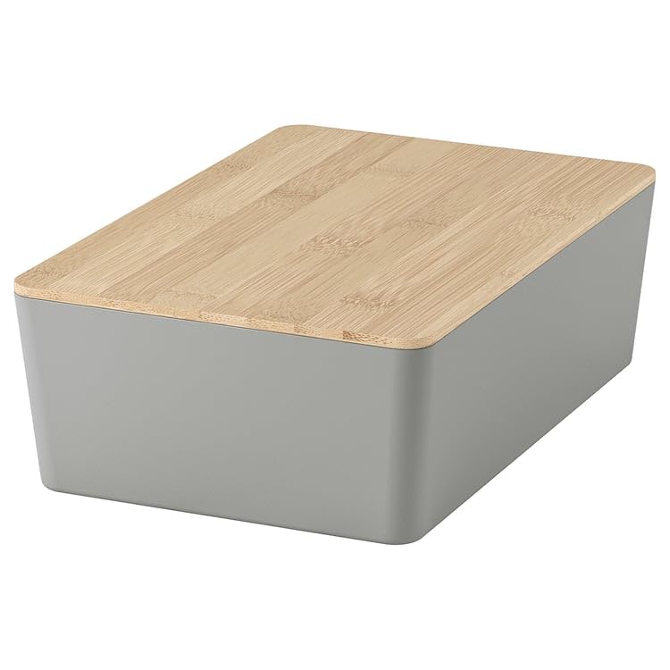 KUGGIS Storage Box with Lid – Light Gray/Bamboo Organizer 7x10 ¼x3 ¼ – Stackable Container for Home, Office & Shelf Storage