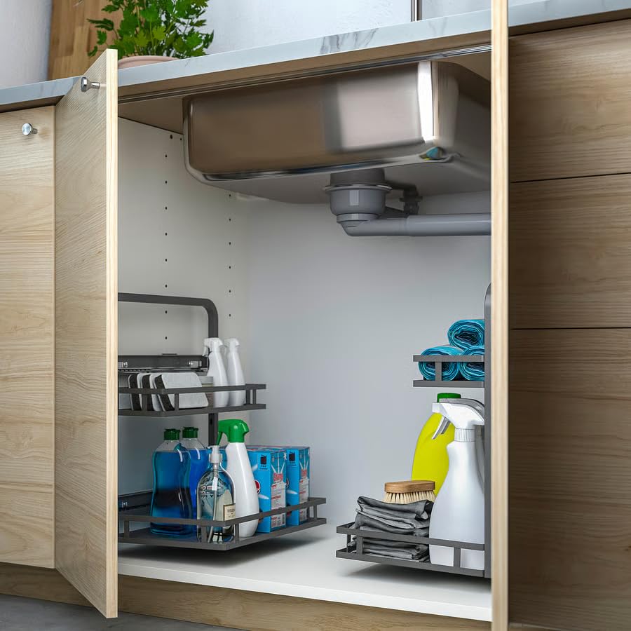 Under Sink Organizer Pull Out – 2 Tier Sliding Cabinet Storage Rack for Kitchen & Bathroom, Side Mounted Under Sink Shelf Organizer, 13 3/4x11 1/2x17"