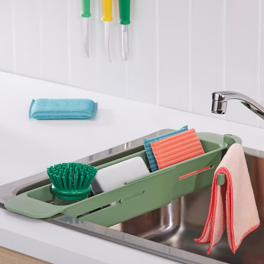Kitchen Sink Organizer Container, Extendable Sink Storage Holder for Sponges, Dish Soap & Brush Organizer with Dishcloth Holder, Space Saving Sink Accessory