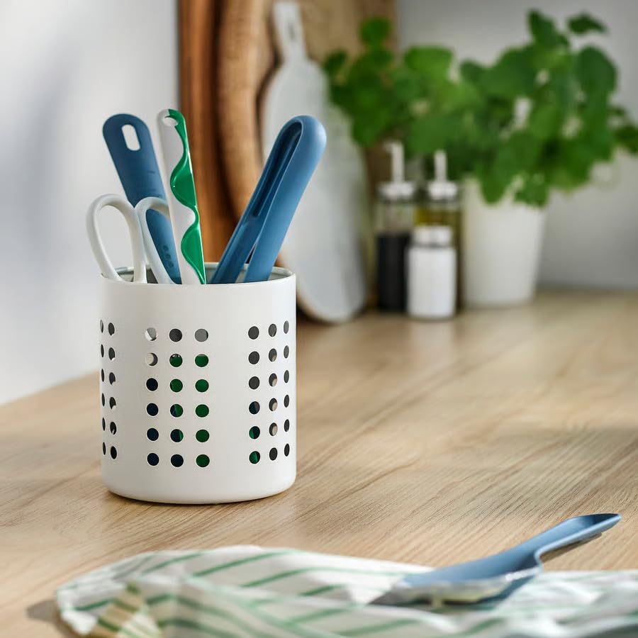 White Utensil Holder Kitchen Cutlery Organizer 5.38 Inch – Countertop Flatware Storage Rack for Spoons, Forks & Knives | Modern Kitchen Sink Organizer for Drying Wet Utensils & Storage