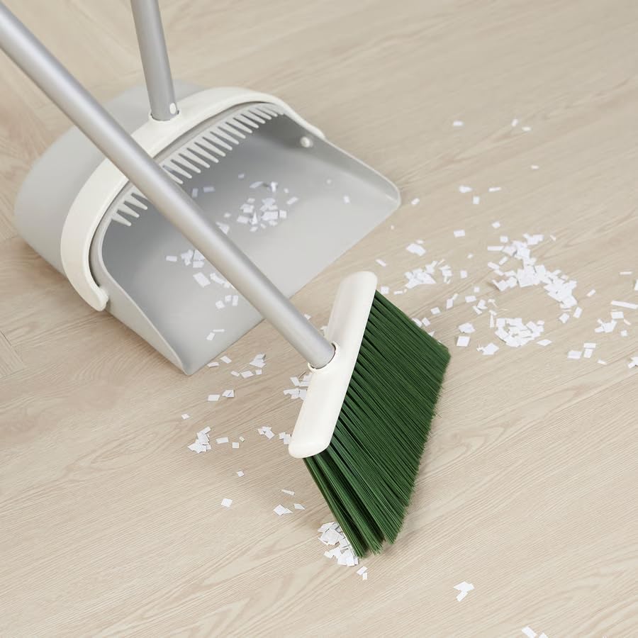 Dustpan and Broom Set with Long Handle – Upright Standing Broom and Dustpan Set for Home, Kitchen, Office Cleaning, Compact Storage Design