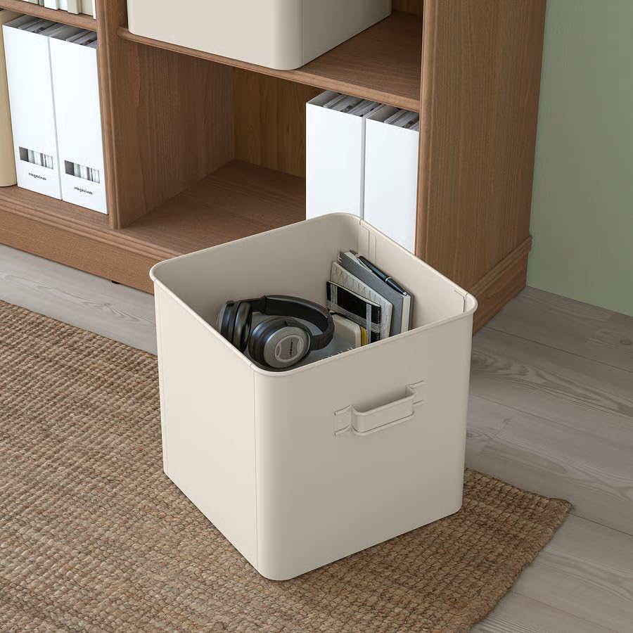 Storage Box Beige, Metal Storage Organizer Box, Decorative Open Storage Box for Home Office, Office Organizer for Documents, Clothes, Toys & Household Items, 13.75x13x12.5 inch