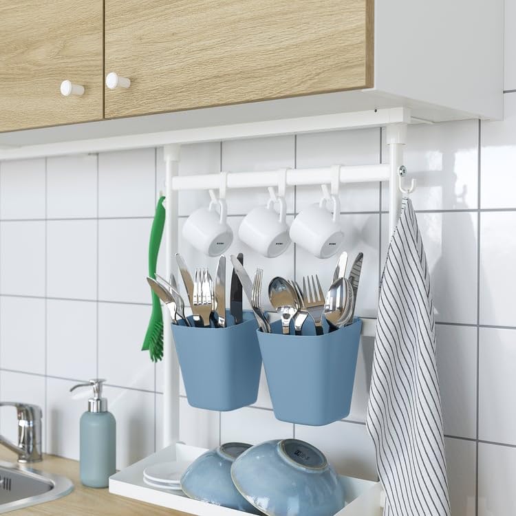 SUNNERSTA Container – Blue-Gray Plastic Storage Cup, 4.75 x 4.38 Inch Hanging Utensil Holder for Kitchen Rail, Bathroom & Home Organization