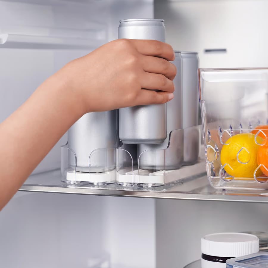 Clear Fridge Drink Organizer Holder for Cans & Bottles – Adjustable Refrigerator Beverage Dispenser Rack, Space Saving Fridge Storage Bin
