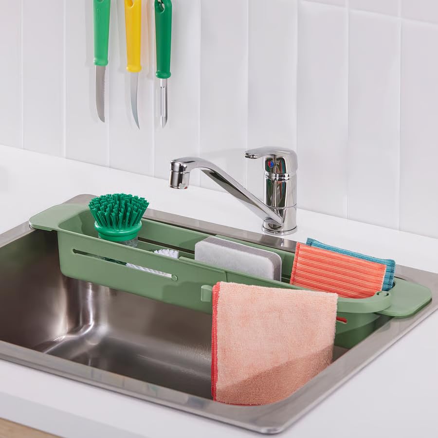 Kitchen Sink Organizer Container, Extendable Sink Storage Holder for Sponges, Dish Soap & Brush Organizer with Dishcloth Holder, Space Saving Sink Accessory