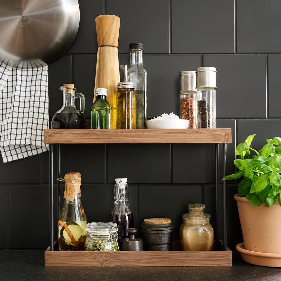 Kitchen Countertop Organizer Metal Bamboo, 2 Tier Spice Rack Organizer for Kitchen Counter, Countertop Storage Shelf for Spices, Jars, Bottles & Condiments, Kitchen Organizer