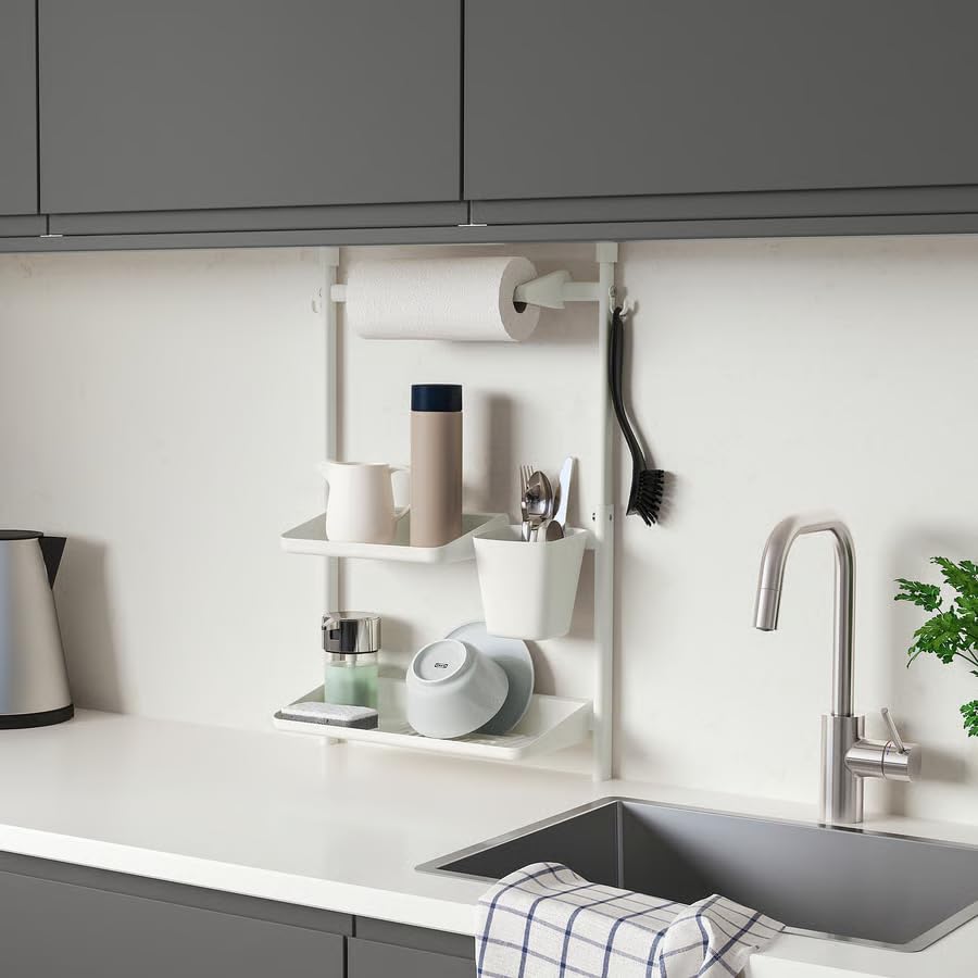 Kitchen Organizer Set – No Drill Wall Mounted Storage Rack with Dish Drainer, Shelf, Kitchen Roll Holder & Container, Space Saving Kitchen Organization System for Countertop & Cabinet Use