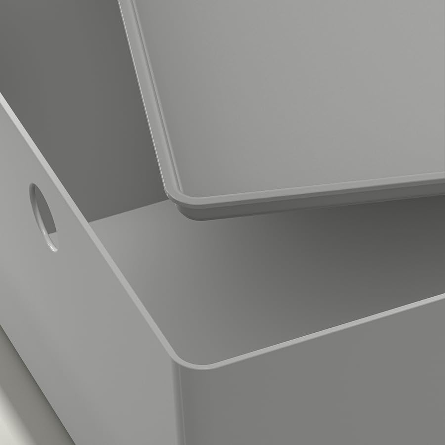 KUGGIS Storage Box with Lid – Light Gray Plastic Organizer 10 ¼x13 ¾x6 – Stackable Container for Home, Office & Shelf Storage
