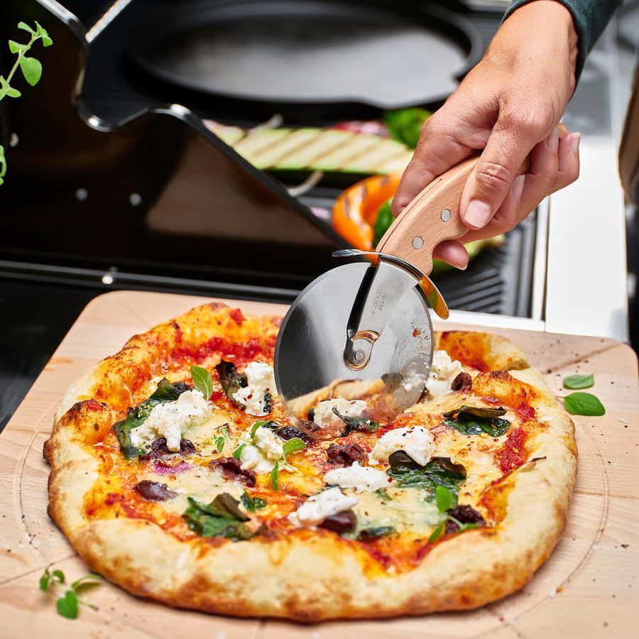 Pizza Cutter Wheel – Stainless Steel Pizza Slicer with Beech Wood Handle, Sharp Rolling Pizza Knife for Homemade Pizza, Pastry & Flatbread Cutting, Heavy Duty Kitchen Cutter 8.75 Inch