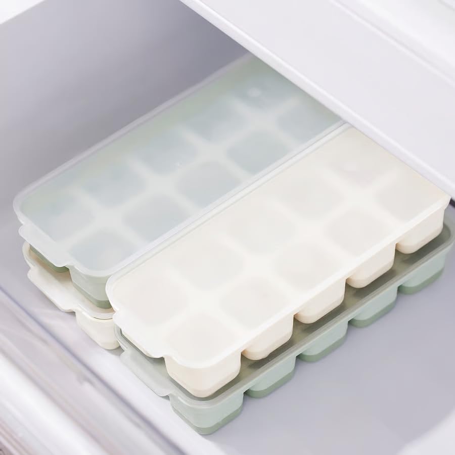 Ice Cube Tray with Lid Set of 2 – Stackable Silicone Ice Cube Maker Mold for Freezer, Spill Proof Ice Tray for Drinks, Whiskey & Cocktails