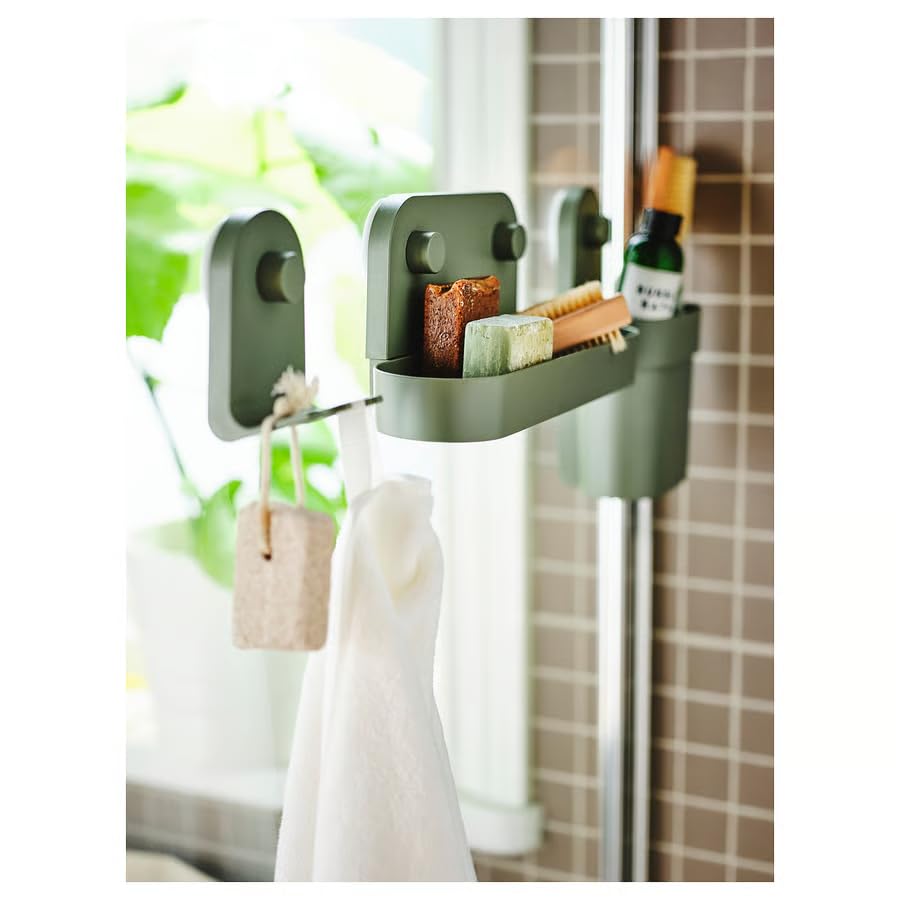 Wall Mounted Suction Cup Storage Container, Drill-Free Bathroom & Kitchen Organizer, Waterproof Adhesive Wall Caddy for Shower, Soap, Sponge & Accessories Holder, Gray Green
