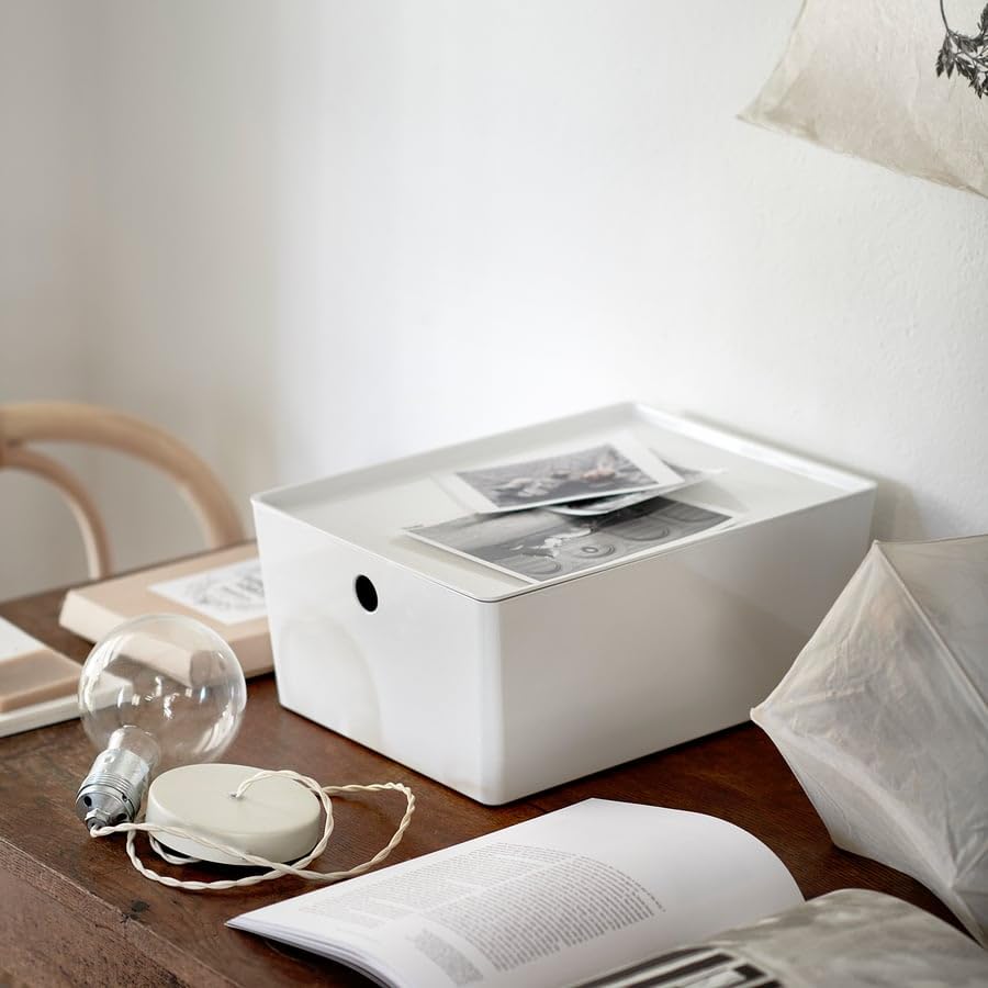 KUGGIS Storage Box with Lid White – 10 ¼x13 ¾x6 | Stackable Organizer for Papers, Magazines, Gadgets & Hobby Items | Fits BESTÅ Units | Durable Recycled Plastic