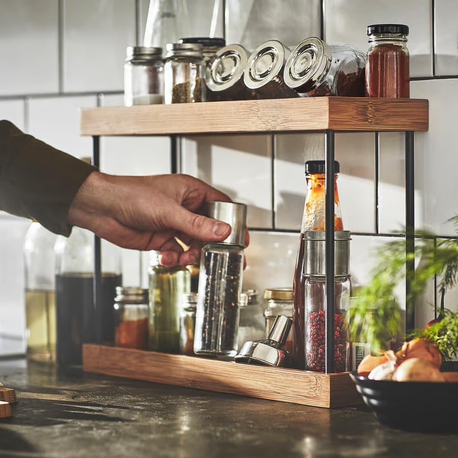 Kitchen Countertop Organizer Metal Bamboo, 2 Tier Spice Rack Organizer for Kitchen Counter, Countertop Storage Shelf for Spices, Jars, Bottles & Condiments, Kitchen Organizer