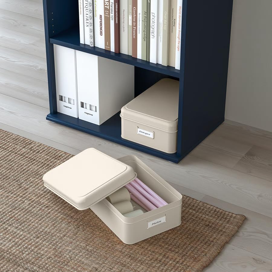Storage Box with Lid Set of 2 Beige, Metal Storage Containers, Decorative Organizer Boxes for Home Office, Document & File Storage, Toy & Clothes Organizer