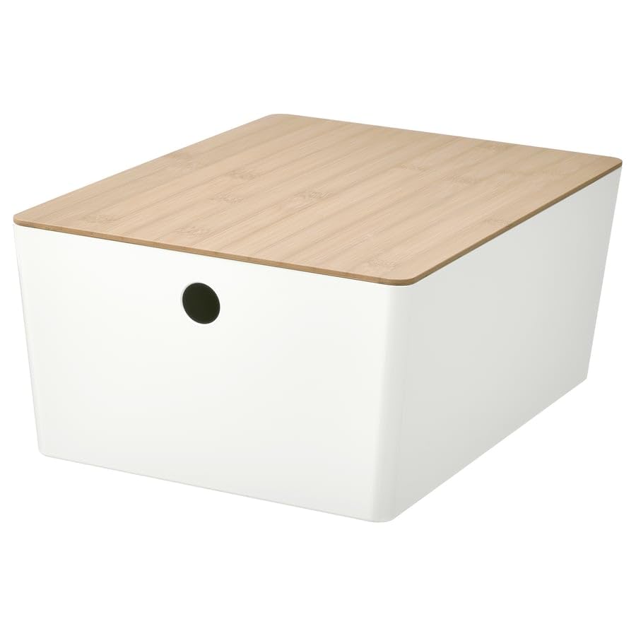 KUGGIS Storage Box with Lid White/Bamboo – 10 ¼x13 ¾x6 | Stackable Organizer for Papers, Magazines, Gadgets & Hobby Items | Fits BESTÅ Units | Durable Recycled Plastic