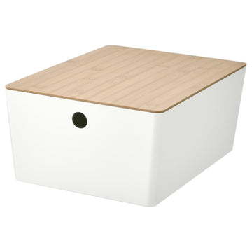 KUGGIS Storage Box with Lid White/Bamboo – 10 ¼x13 ¾x6 | Stackable Organizer for Papers, Magazines, Gadgets & Hobby Items | Fits BESTÅ Units | Durable Recycled Plastic