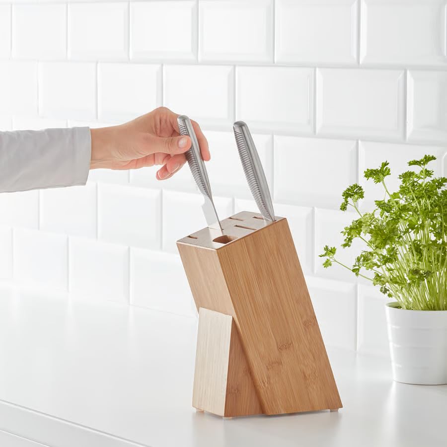 Bamboo Knife Block Set with Whetstone Slot – 5 Slot Kitchen Knife Holder Organizer, Universal Wooden Knife Storage Block for Chef Knives, Countertop Knife Stand, Kitchen Accessories