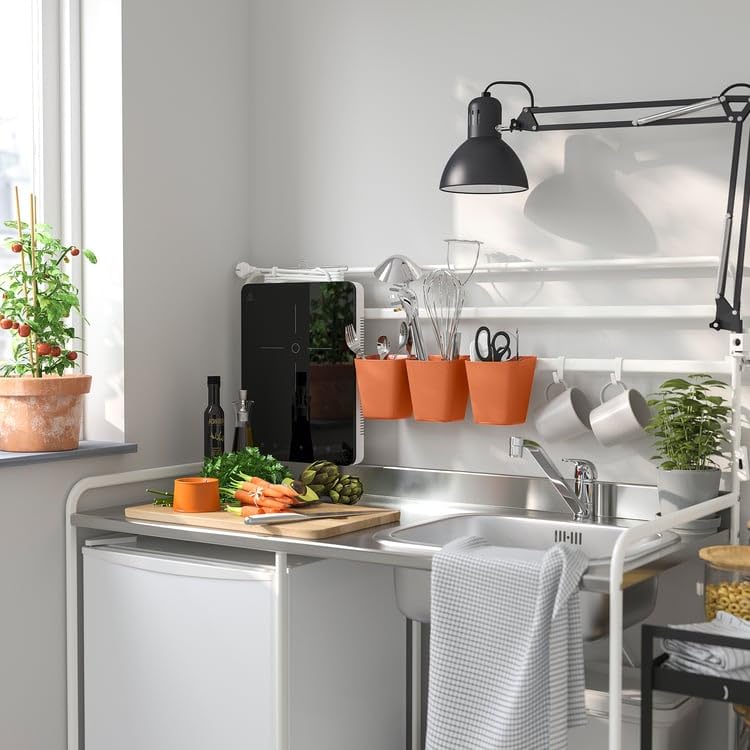 SUNNERSTA Container – Bright Orange Plastic Storage Cup, 4.75 x 4.38 Inch Hanging Utensil Holder for Kitchen Rail, Bathroom & Home Organization