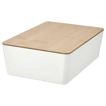 KUGGIS Storage Box with Lid – White/Bamboo Organizer 7x10 ¼x3 ¼ – Stackable Container for Home, Office & Shelf Storage