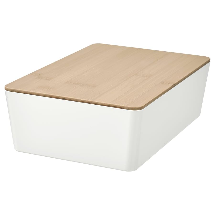 KUGGIS Storage Box with Lid – White/Bamboo Organizer 7x10 ¼x3 ¼ – Stackable Container for Home, Office & Shelf Storage