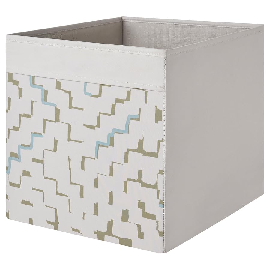 DRÖNA Beige & Turquoise Patterned Fabric Storage Box – Collapsible Cube Organizer Bin 13x15x13 for Shelving Units, Toys, Clothes, Home Storage